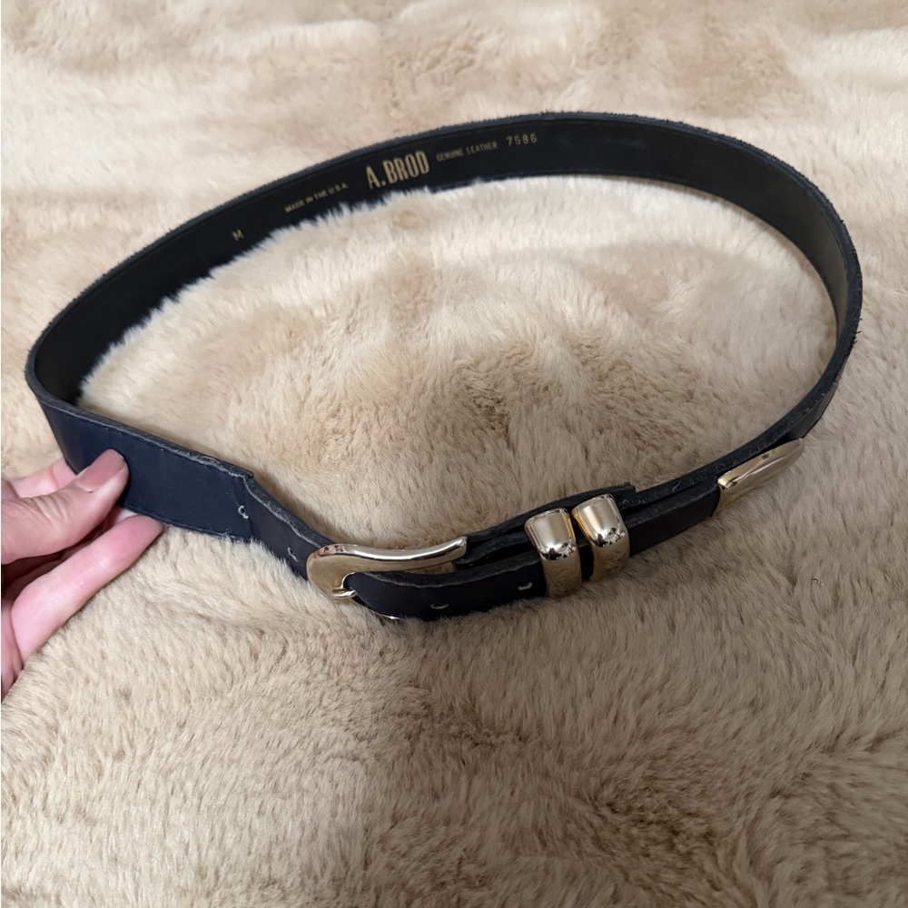 Vintage A Brod Black Leather Belt with Gold Buckle M